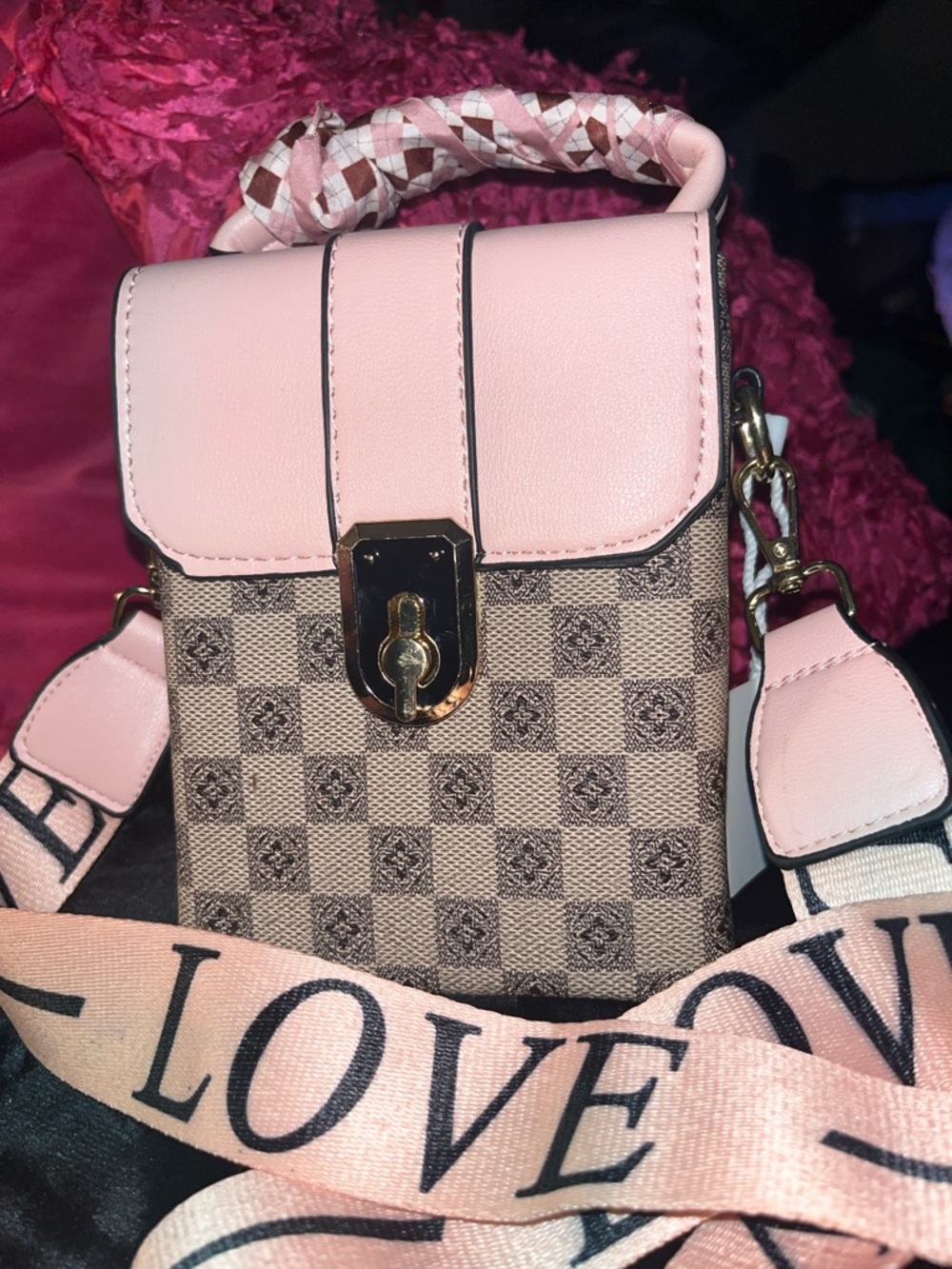 Pink Checkered Crossbody Phone Bag with LOVE Strap